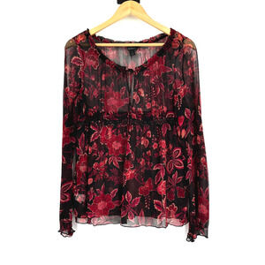 VTG Express 100% Silk Top Medium Babydoll Fairygrunge Sheer Dark Floral Whimsy